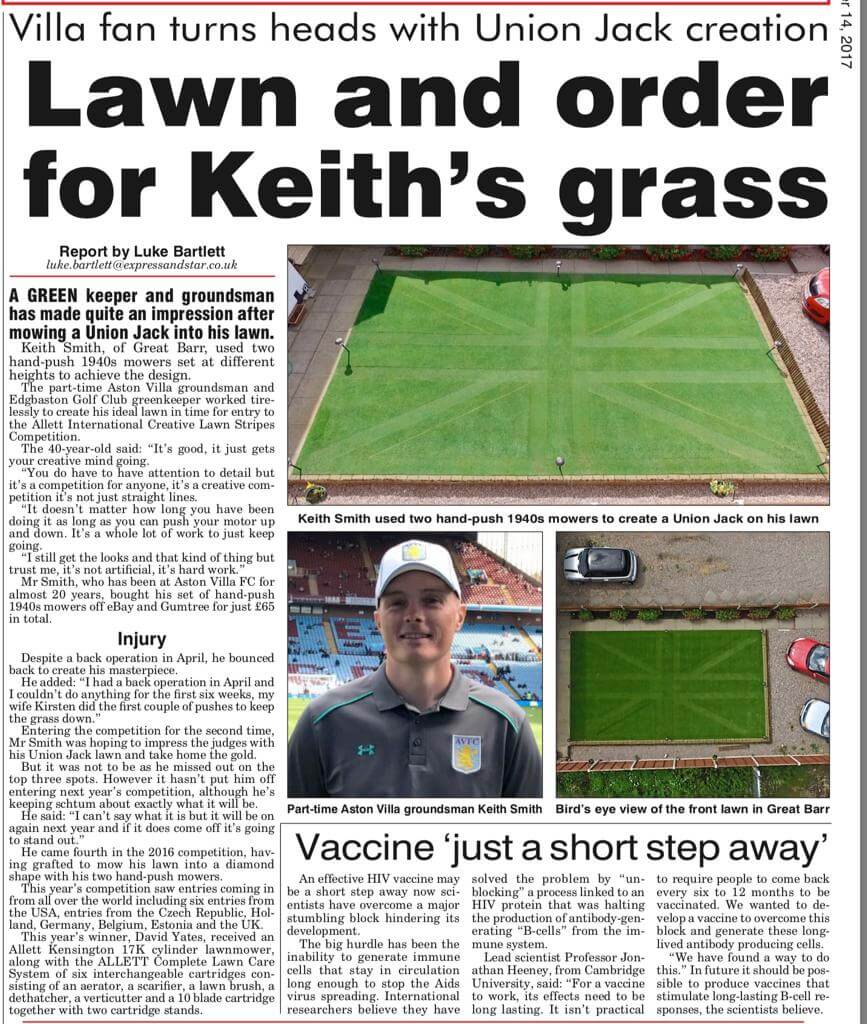 Newspaper clipping titled Lawn and order for Keith's grass, Villa fan turns heads with Union Jack creation