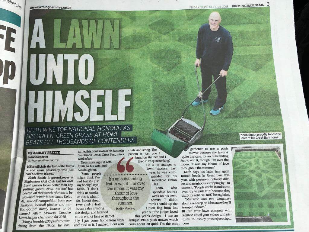 Newspaper clipping titled A Lawn into himself. Shows a Gardender with his prized pattern