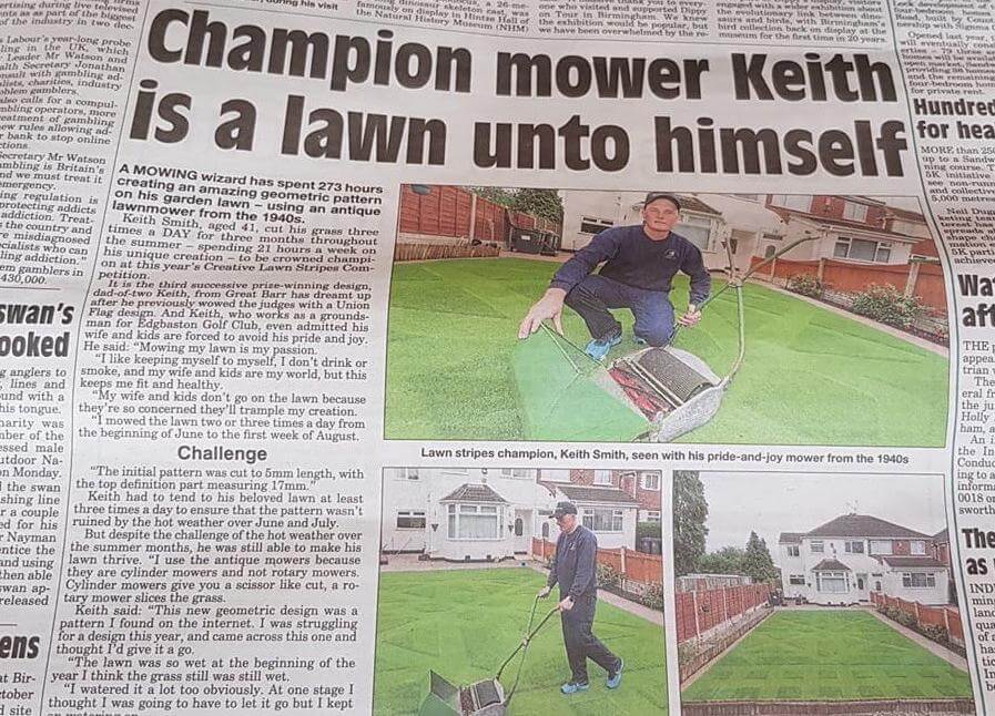 Newspaper clipping titled Champion mower Keith is a lawn unto himself